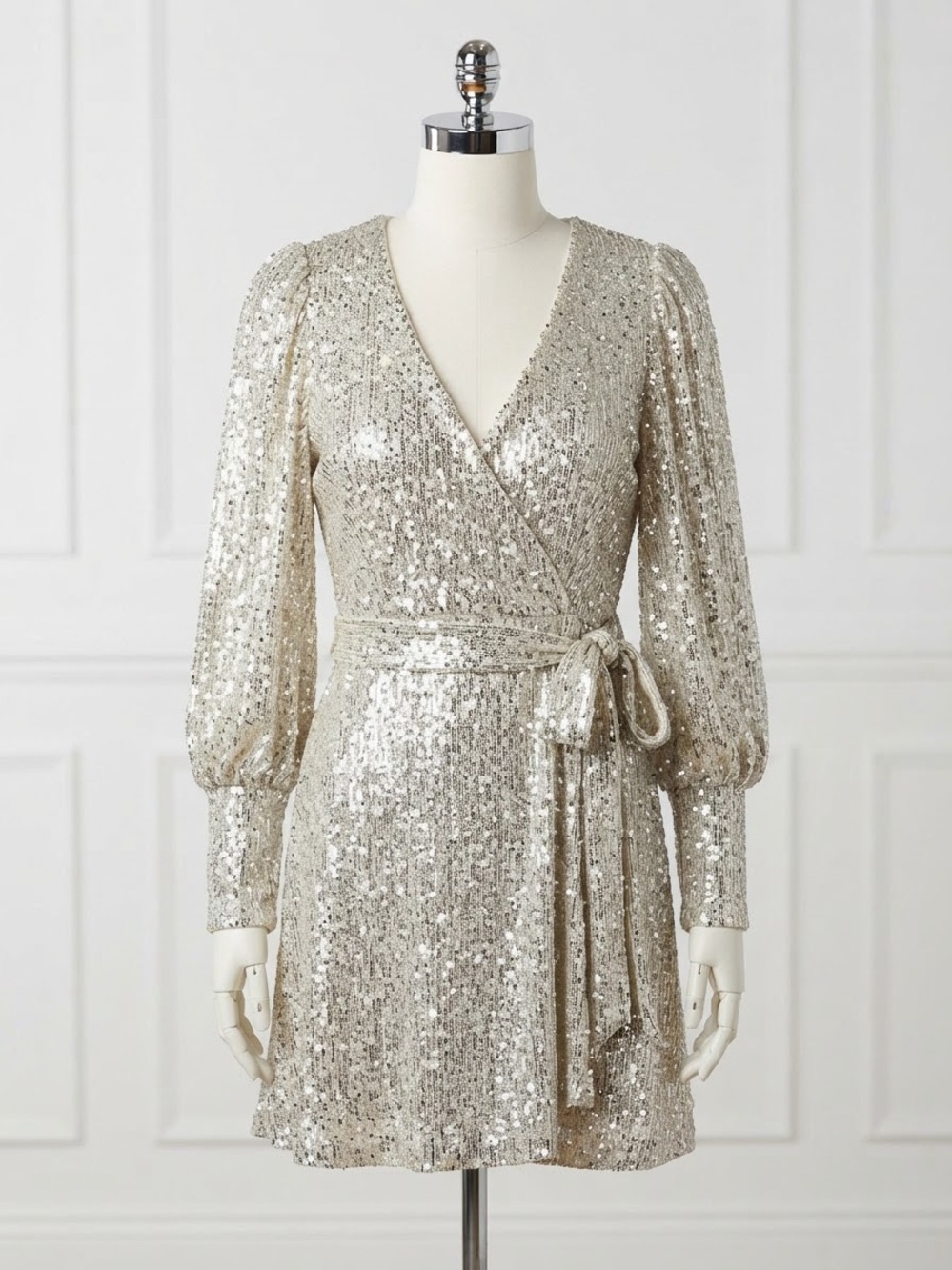 Giani Bernini Champagne Sequin Wrap Mini Dress with Puff Sleeves